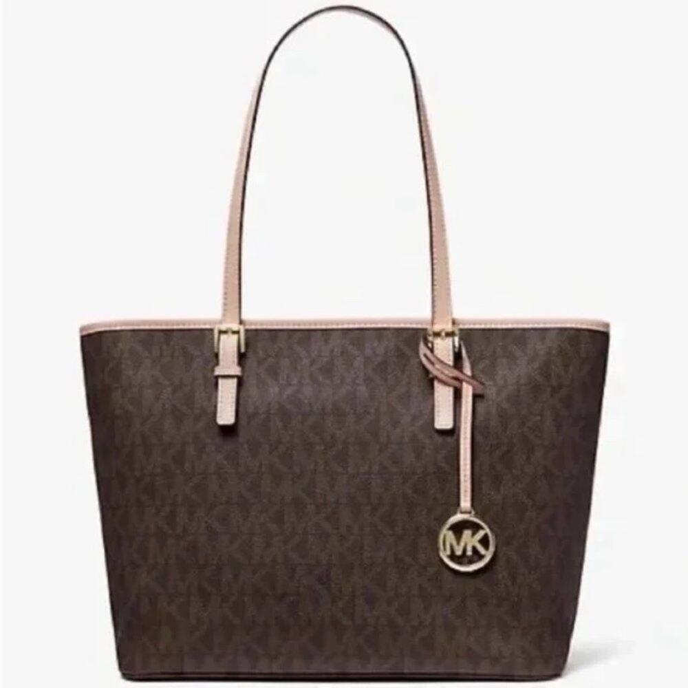 MICHAEL KORS Women's Brown Monogram Medium Jet Set Zip Top Tote Authentic